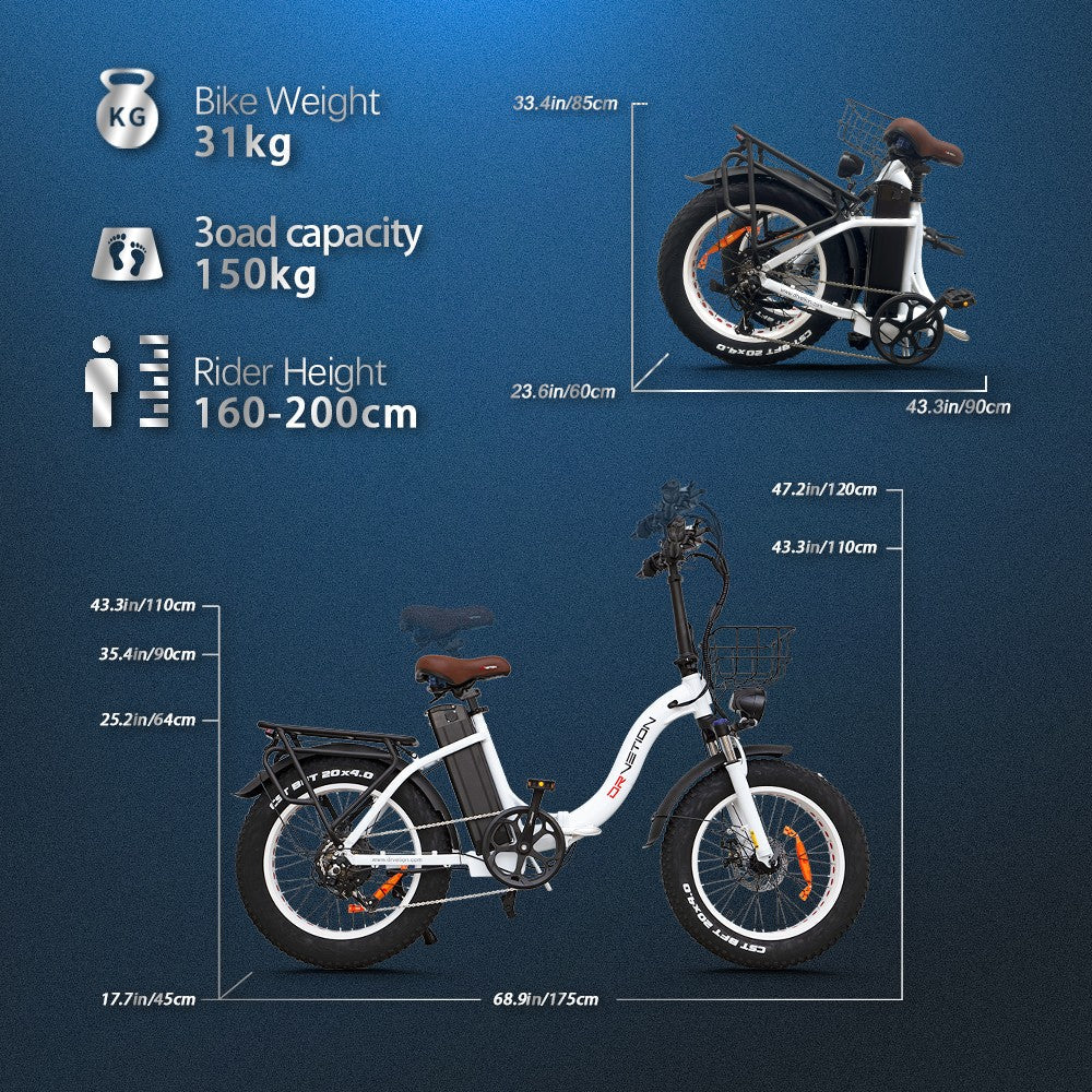 DRVETION CT20 20" Fat Tires faltbares Elektrofahrrad 750W Motor 48V 10Ah/15Ah/20Ah Batterie